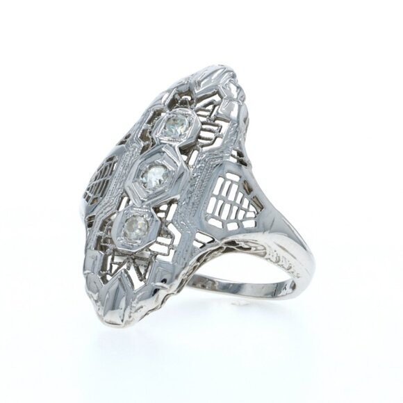 White Gold Diamond Art Deco Three-Stone Ring 18k Single .15ctw Vintage Filigree - Picture 3 of 6